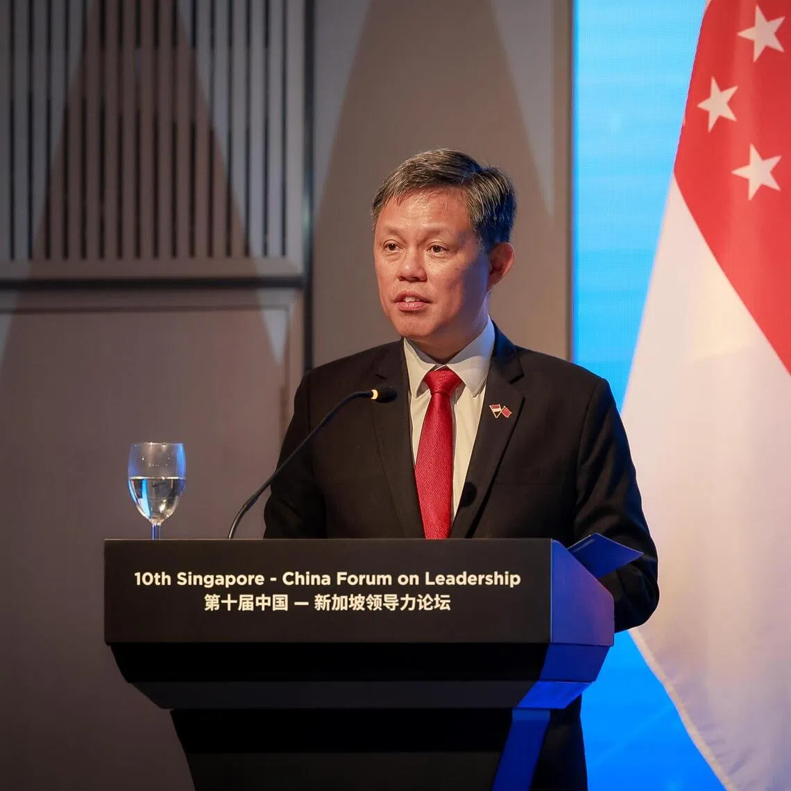 Coordinating Minister for Public Services and Minister-in-charge of the Public Service Mr Chan Chun Sing speaking at the 10th Singapore-China Forum on Leadership held at Conrad Singapore on Nov 18, 2025.