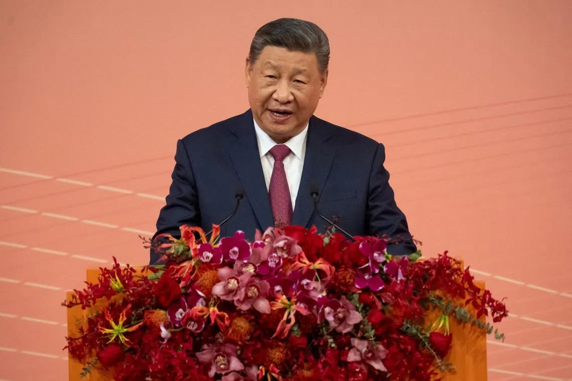 FILE PHOTO: Chinese President Xi Jinping delivers his speech ahead of celebrations for the 25th anniversary of Macao?s handover from Portugal to China, in Macau, China, December 19, 2024.  Anthony Kwan/Pool via REUTERS/File Photo