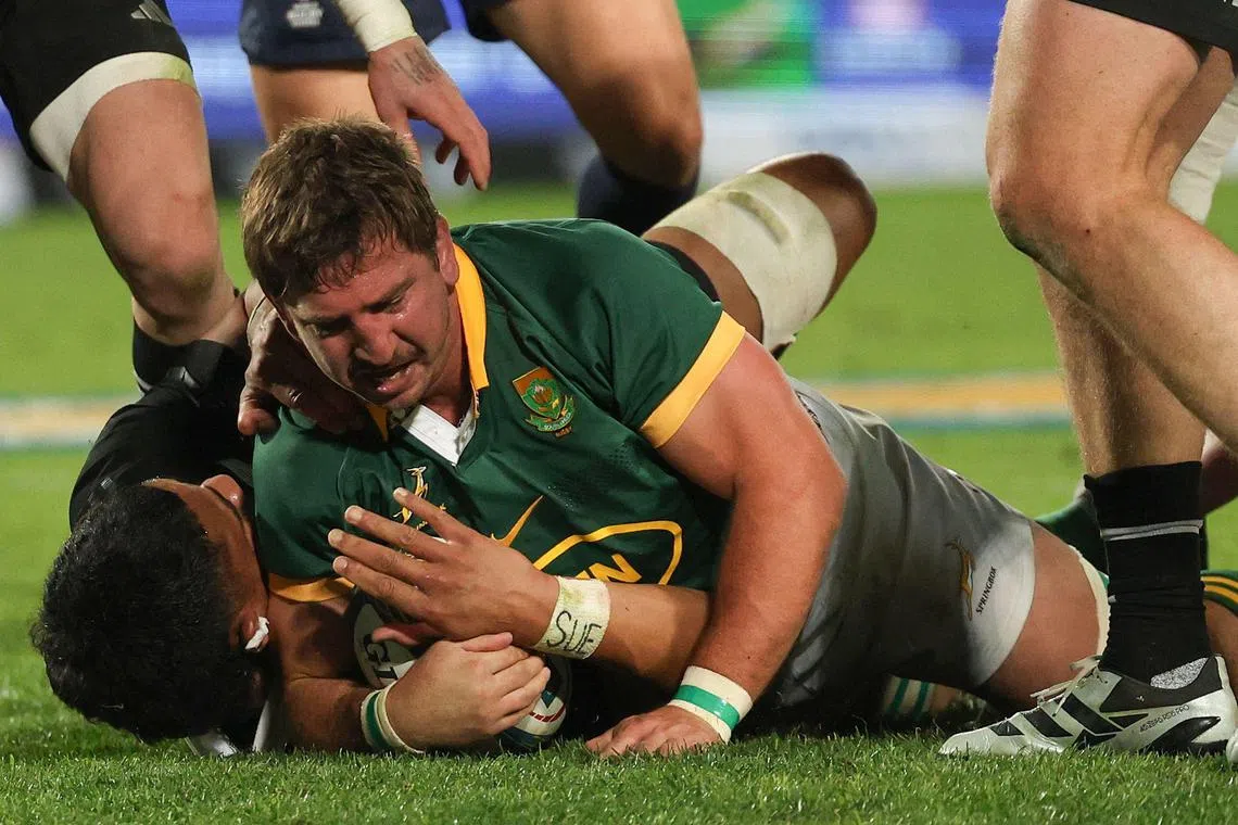 South Africa's loose forward Kwagga Smith scoring a try during the Rugby Championship Test match against New Zealand on Aug 31.