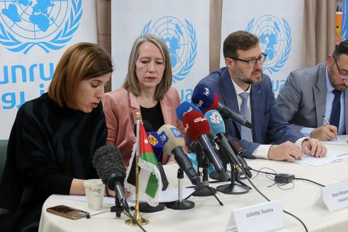 UNRWA Director of Communications, Juliette Touma, attends a press conference with United Nations resident coordinator, Sheri Ritsema-Anderson and director of the U.N. Relief and Works Agency, Olaf Becker at Amman new camp also known as al Wihdat camp for Palestinian refugees, in Amman, Jordan February 13, 2024. REUTERS/Jehad Shelbak