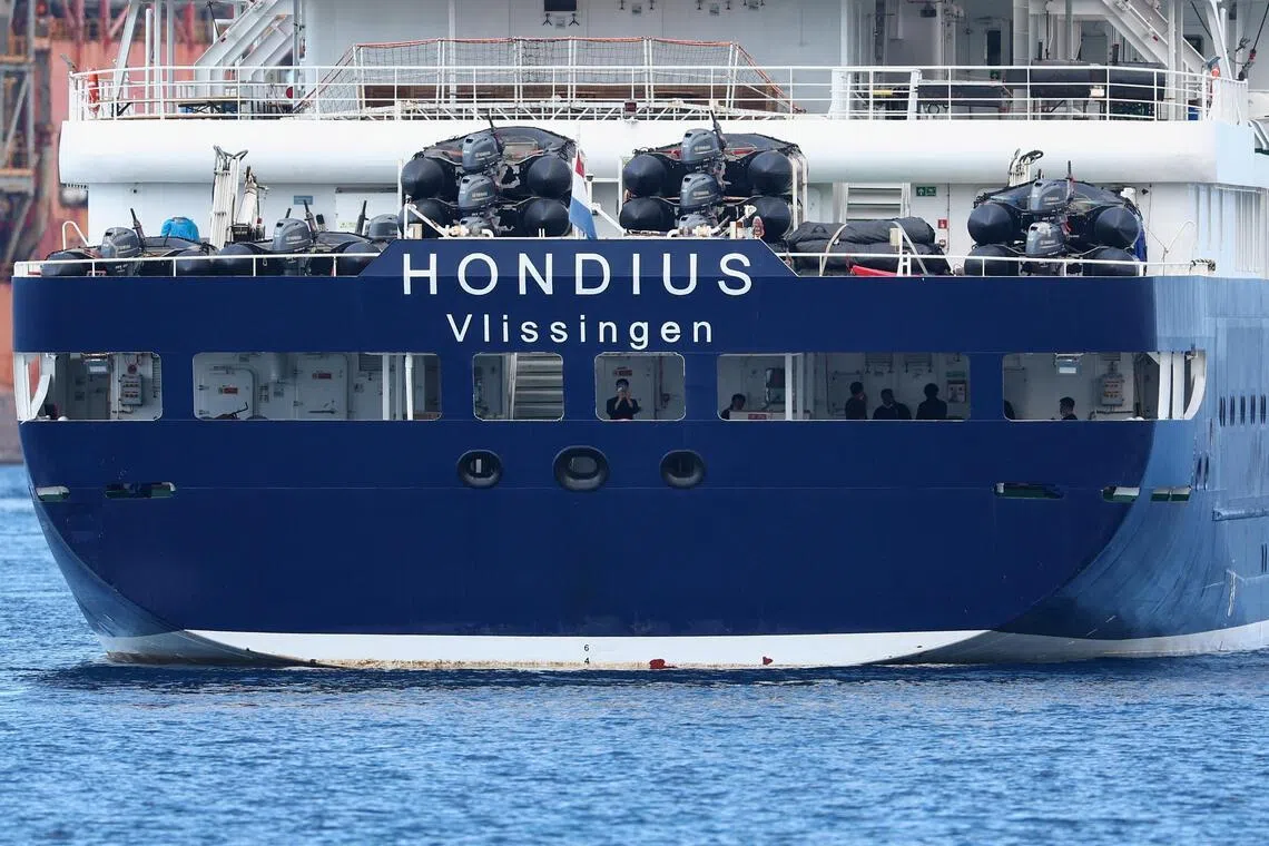 The cruise ship MV Hondius, affected by a hantavirus outbreak, at the port of Granadilla de Abona, Tenerife, Spain, on May 11, 2026. REUTERS/Pedro Nunes