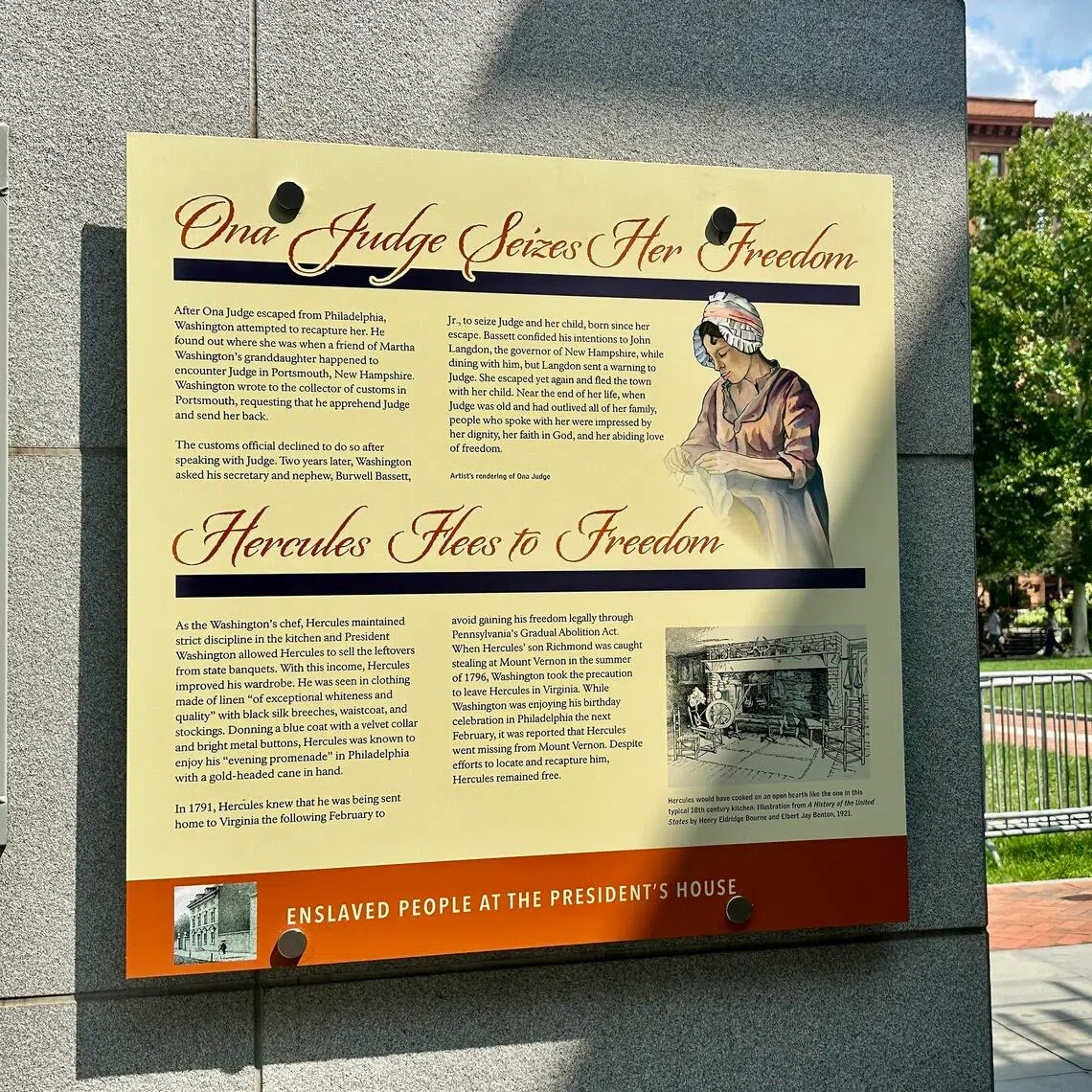 A panel which relates the story of Oney Judge, an enslaved woman in first US president George Washington’s household who escaped from the President’s House in Philadelphia in 1796.