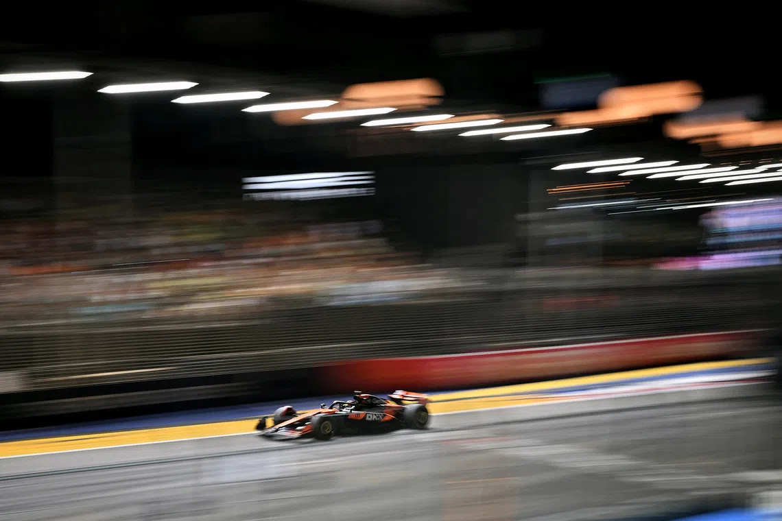 McLaren's Oscar Piastri in action at the 2025 Formula One Singapore Airlines Singapore Grand Prix at the Marina Bay Street Circuit on Oct 5, 2025. 