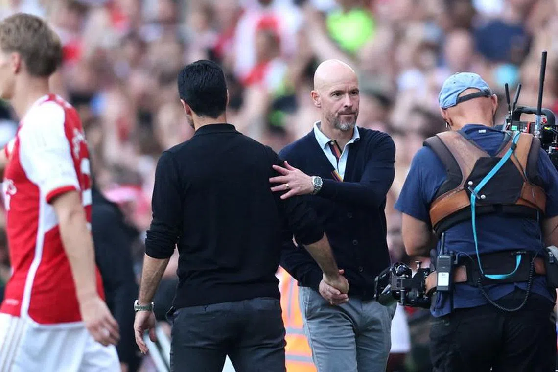 Soccer Football - Premier League - Arsenal v Manchester United - Emirates Stadium, London, Britain - September 3, 2023  Arsenal manager Mikel Arteta shakes hands with Manchester United manager Erik ten Hag after the match REUTERS/David Klein