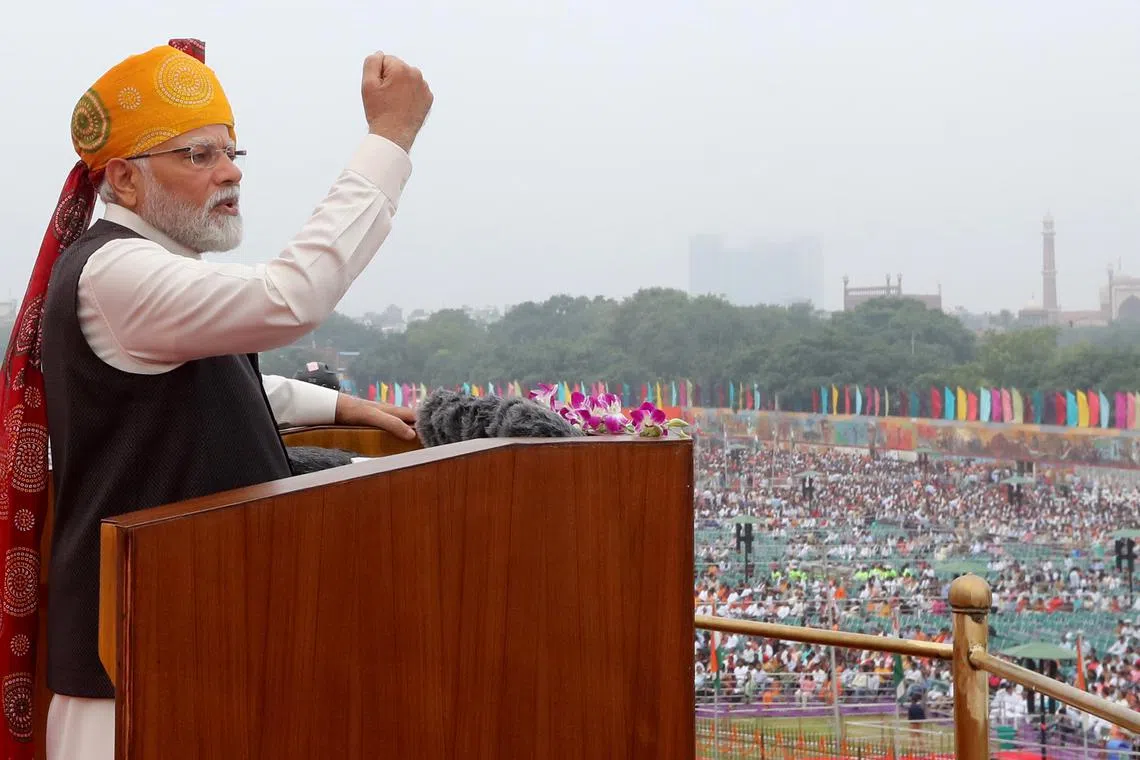 Indian PM Narendra Modi addressing from the Red Fort in New Delhi on Independence Day, Aug 15, 2023. 