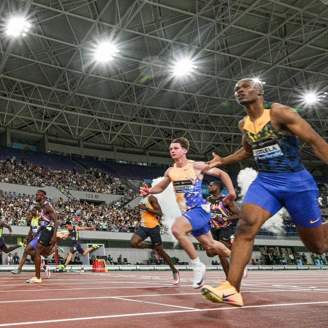 South Africa's Gift Leotlela (right) wins the men's 100m at the Shanghai/Keqiao Diamond League athletics meeting in Keqiao, Shaoxing in China's eastern Zhejiang province on May 16, 2026.