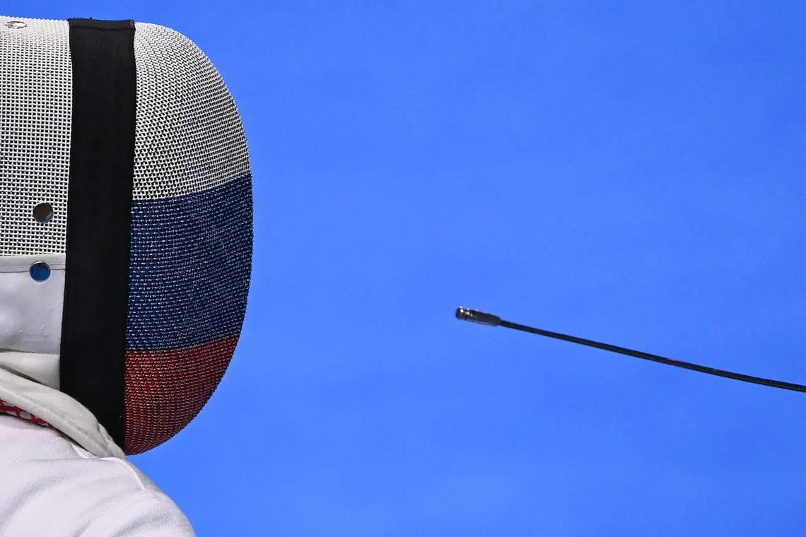 Russia's Aizanat Murtazaeva competes in an international fencing event, the "Friendship Cup", in the Russian city of Kazan, on March 31, 2023.