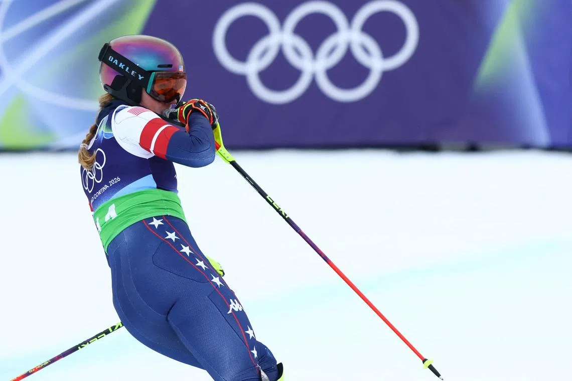 Milano Cortina 2026 Olympics - Alpine Skiing - Women's Team Combined Slalom - Tofane Alpine Skiing Centre, Belluno, Italy - February 10, 2026. Mikaela Shiffrin of United States reacts after her run during the Women's Team Combined Slalom REUTERS/Lisi Niesner