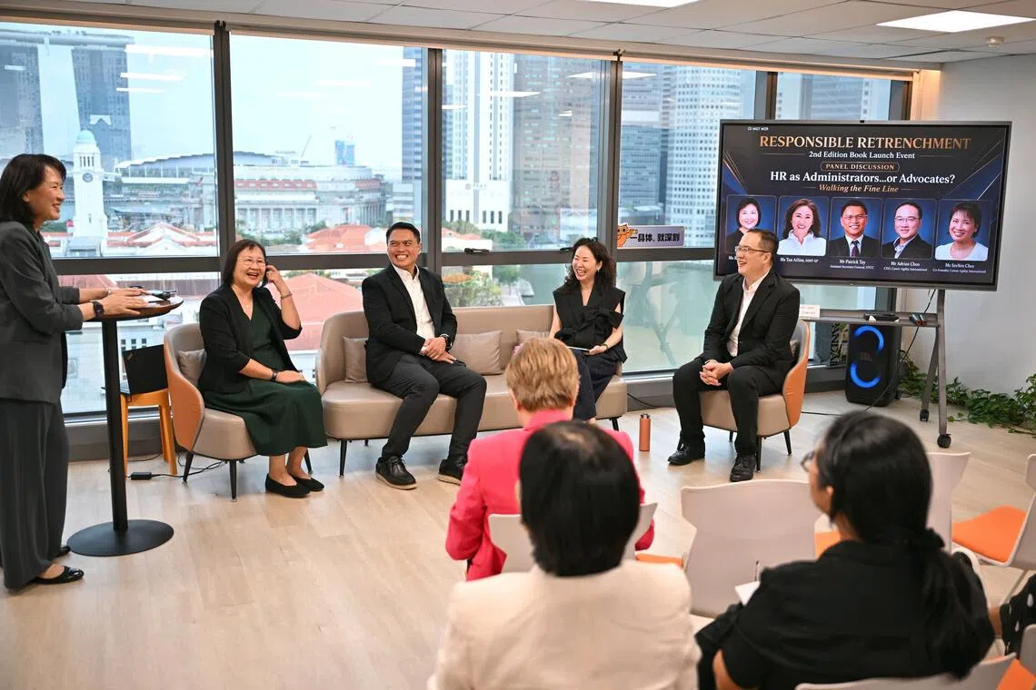 (From left) Career Agility International co-founder and executive director Sze-Yen Chee, senior HR leader Rachel Foo, NTUC assistant secretary-general Patrick Tay, senior HR leader Tan Ai Sim and Career Agility International founder and chief executive Adrian Choo having a panel discussion at the book launch.