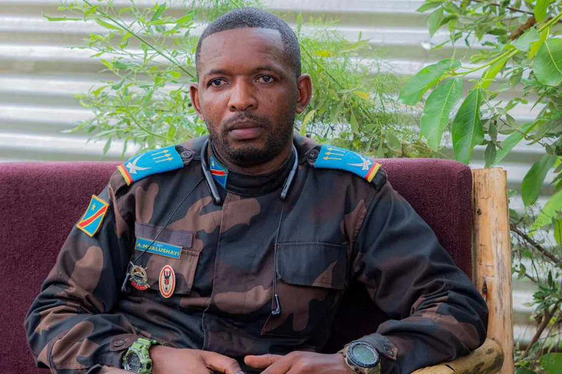 FILE PHOTO: Congolese army spokesperson, Captain Antony Mwalushay is seen during a Reuters interview at a military intelligence centre in Beni, eastern Democratic Republic of Congo, September 13, 2023. REUTERS/Gradel Muyisa Mumbere/file photo