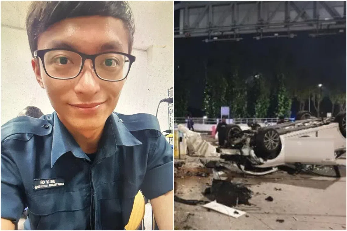Mr Ng Yi Shu (left) was working at the checkpoint in March 2023, when Yoong Kok Kai crashed into him while driving a car.