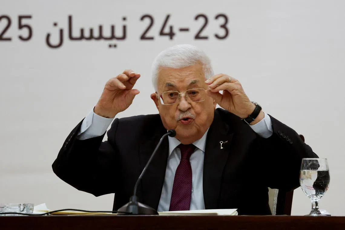 Palestinian President Mahmoud Abbas holds a leadership meeting in Ramallah, in the Israeli-occupied West Bank, April 23,2025. REUTERS/Mohammed Torokman