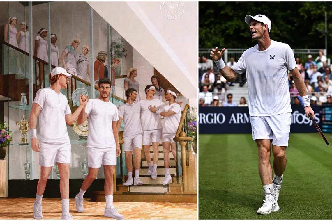 Andy Murray (right) was a notable absentee from the artwork which features 15 famous players walking down a staircase.