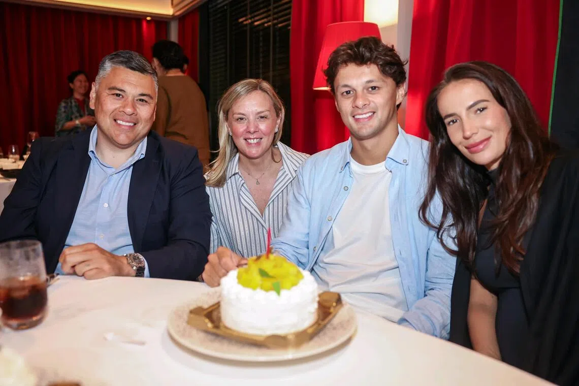 Cardiff City right-back and Singapore PR Perry Ng celebrating his 30th birthday with his father Perry Ng Sr, 51, mother Lisa Ng, 52, and fiancee Lucy Owen, 26, at Madame Fan restaurant at the NCO Club on June 24, 2026. 