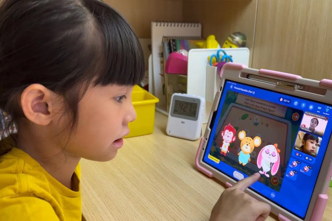 A primary school pupil learning about pictorial equations via a live online class on the Spark Education platform.