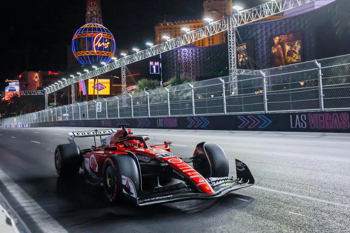 Charles Leclerc of Ferrari in action during qualifying for the Las Vegas Grand Prix.