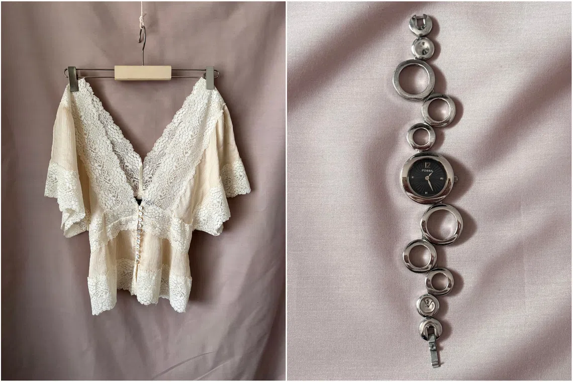 Nguwar Myint paid $5 for a 100% silk BCBG Max Azria lace top (left) at Lucky Plaza; and her 2000s Fossil stainless steel watch (right), bought on Carousell, cost $50 including repairs.
