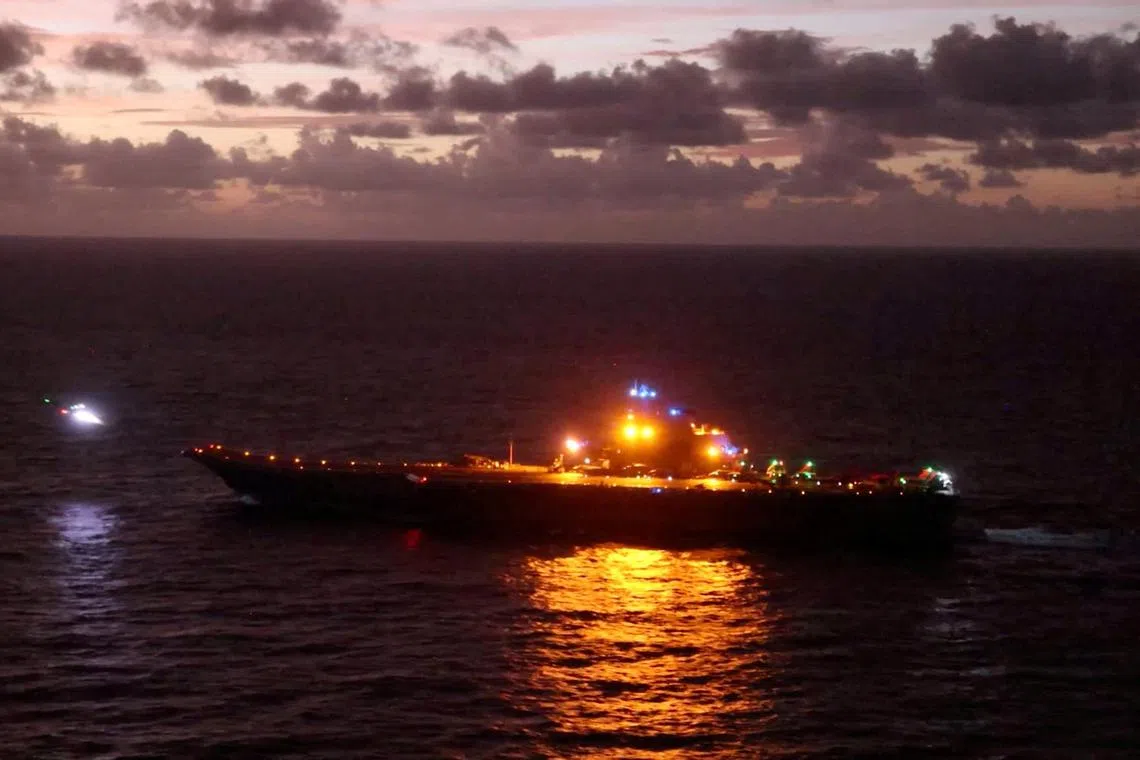 FILE PHOTO: China's Liaoning aircraft carrier takes part in the "Joint Sword-2024B" military drills east of Taiwan, in this screenshot from a handout video released by the Chinese People's Liberation Army (PLA) Eastern Theatre Command on October 14, 2024. PLA Eastern Theatre Command/Handout via REUTERS  ATTENTION EDITORS - THIS IMAGE WAS PROVIDED BY A THIRD PARTY. MANDATORY CREDIT. NO RESALES. NO ARCHIVES./File Photo