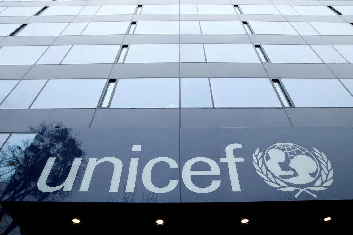 FILE PHOTO: A UNICEF logo is pictured outside their offices in Geneva, Switzerland, January 30, 2017.  REUTERS/Denis Balibouse/File Photo