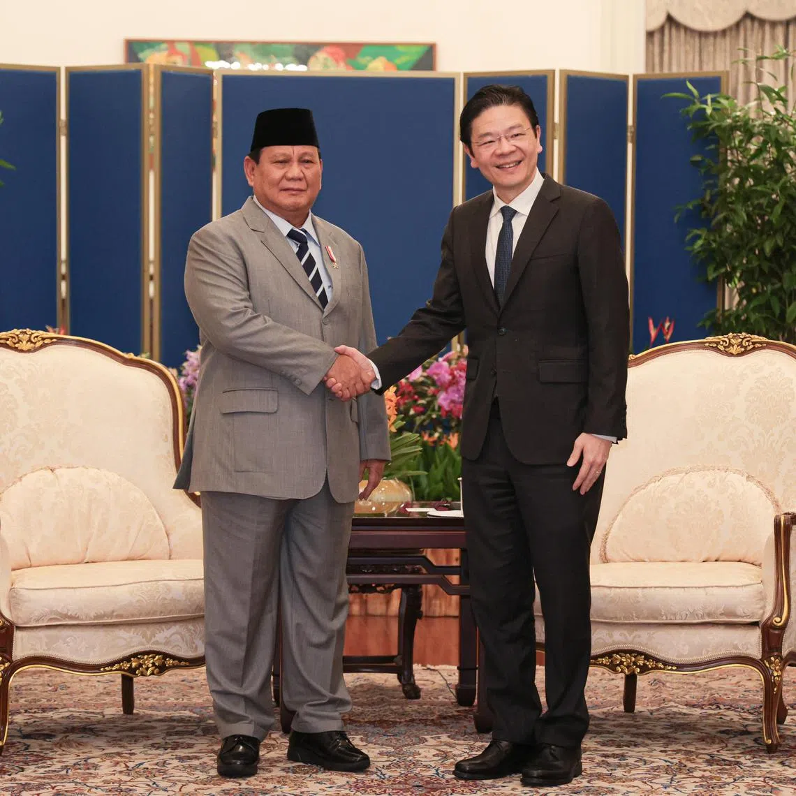 Indonesian President-elect Prabowo Subianto with PM Lawrence Wong at the Istana on June 1. PM Wong will be attending Mr Prabowo's inauguration on Oct 20.