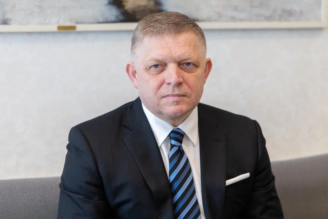 FILE PHOTO: Slovakia's Prime Minister Robert Fico looks on during the meeting with Croatia's Prime Minister Andrej Plenkovic (not pictured) in Zagreb, Croatia, April 16, 2025. REUTERS/Antonio Bronic/File Photo