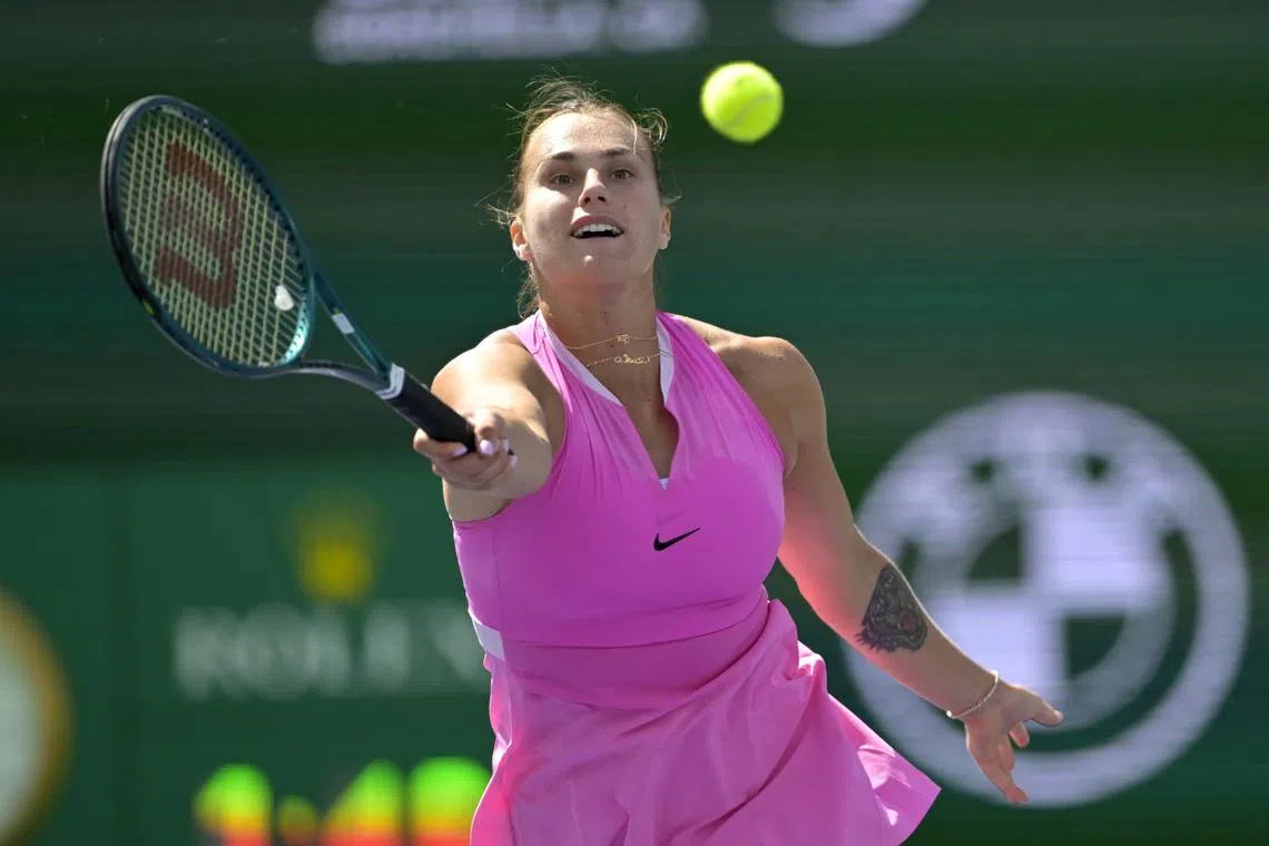 Mar 13, 2024; Indian Wells, CA, USA; Aryna Sabalenka (RUS) hits a shot as she was defeated in the fourth round by Emma Navarro (USA) in the BNP Paribas Open at the Indian Wells Tennis Garden. Mandatory Credit: Jayne Kamin-Oncea-USA TODAY Sports