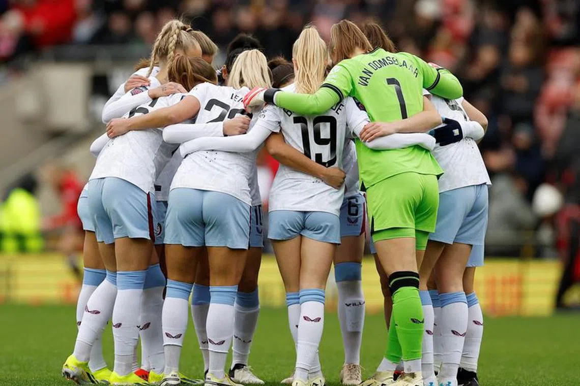 FILE PHOTO: Soccer Football - Women's Super League - Manchester United v Aston Villa - Leigh Sports Village, Leigh, Britain - January 28, 2024  Aston Villa players huddle before the match Action Images via Reuters/Jason Cairnduff/File Photo