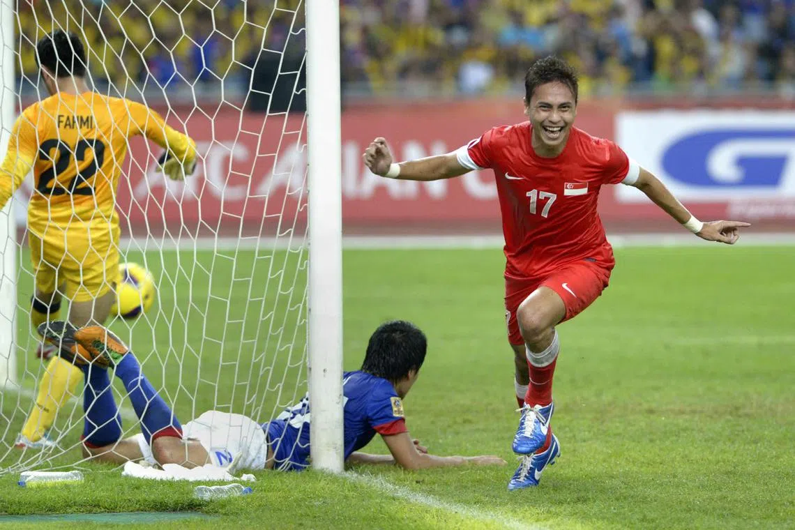 Singapore's Shahril Ishak celebrating his second goal during the 3-0 win over Malaysia in the 2012 AFF Championship.