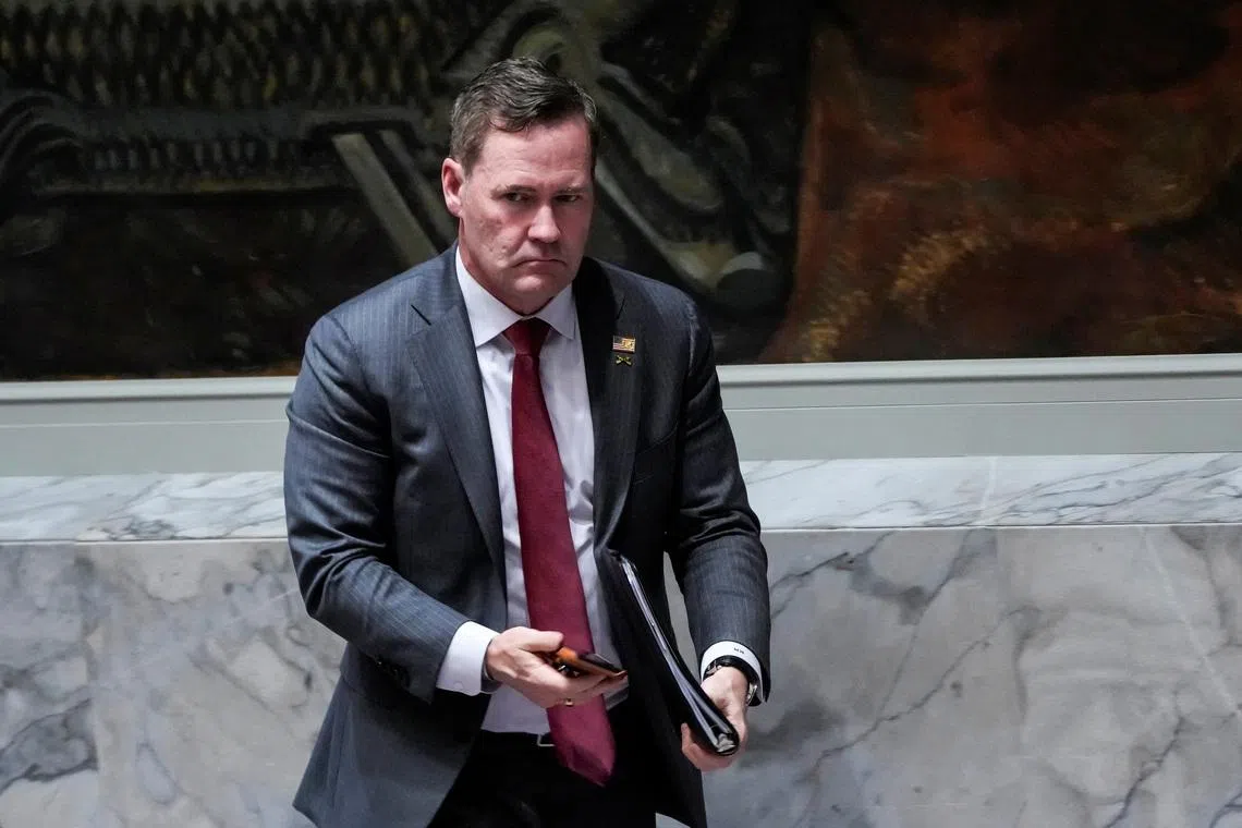 U.S. Ambassador to the United Nations Mike Waltz leaves the chamber during a Security Council meeting on maritime safety at U.N. headquarters in New York City, U.S., April 27, 2026.  REUTERS/Eduardo Munoz