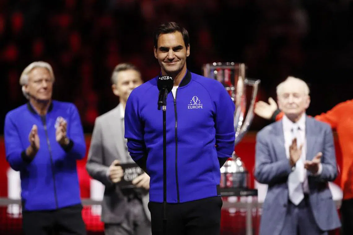 FILE PHOTO: Tennis - Laver Cup - 02 Arena, London, Britain - September 25, 2022 General view as Team Europe's Roger Federer talks after the match Action Images via Reuters/Andrew Boyers/File Photo