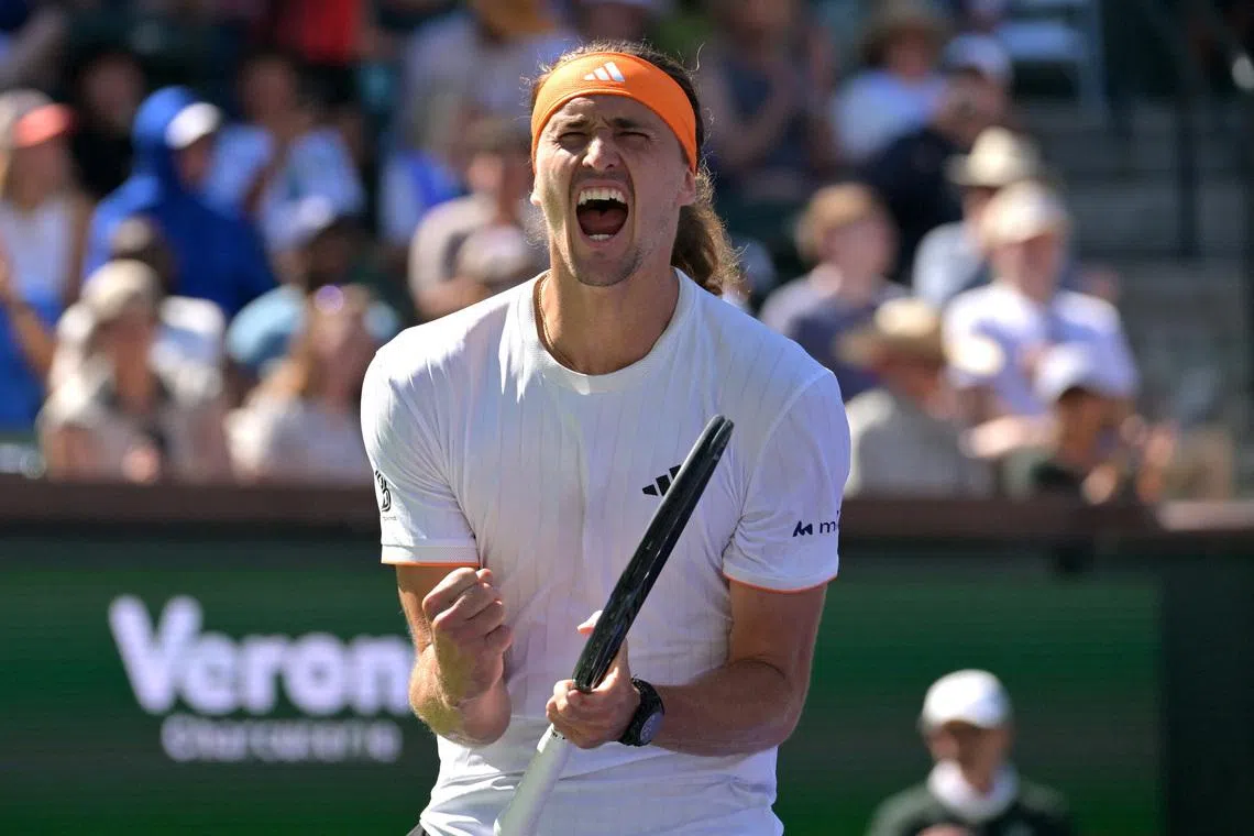 Mar 8, 2026; Indian Wells, CA, USA; Alexander Zverev (GER) celebrates after defeating Brandon Nakashima (USA) in the third round of the BNP Paribas Open at the Indian Wells Tennis Garden. Mandatory Credit: Jayne Kamin-Oncea-Imagn Images