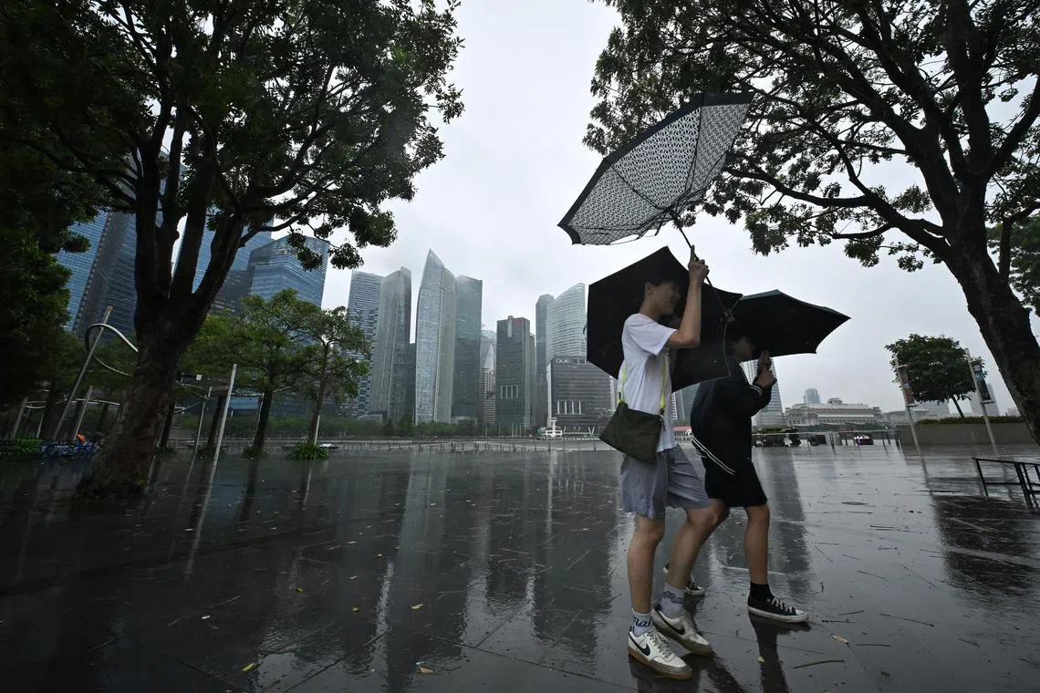 Pedestrians' umbrellas flip inside out due to the gusty wind and heavy rain along Marina Bay Waterfront Promenade on Jan 10, 2025.
