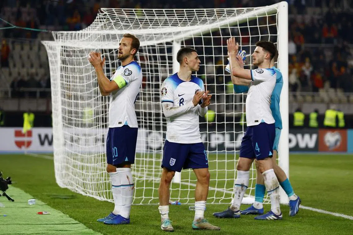 Soccer Football - Euro 2024 Qualifier - Group C - North Macedonia v England - Tose Proeski Arena, Skopje, North Macedonia - November 20, 2023 England's Harry Kane, Declan Rice and Phil Foden react after the match Action Images via Reuters/Peter Cziborra