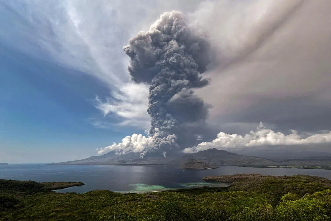 The eruption of Mount Lewotobi Laki Laki as seen from the Eputobi rest area in East Flores, East Nusa Tenggara, on Nov 9.