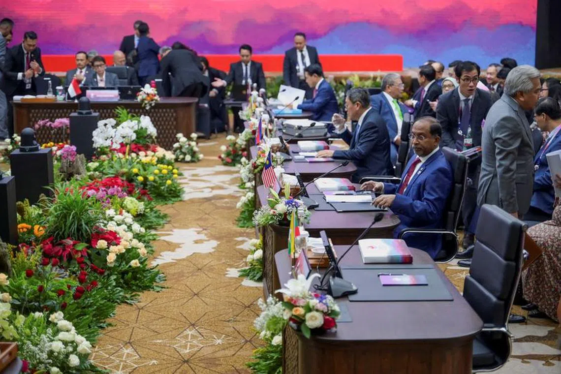 A seat for Myanmar's delegate is seen empty during the ASEAN Foreign Ministers Meeting, ahead of the leaders' meeting, in Jakarta, Indonesia, September 4, 2023. Bay Ismoyo/Pool via REUTERS