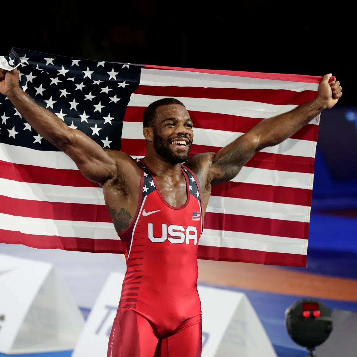 Wrestling - Wrestling World Championships - Oslo, Norway - October 4, 2021 Jordan Ernest Burroughs of the United States celebrates after winning the final in 79kg Berit Roald/NTB via REUTERS
