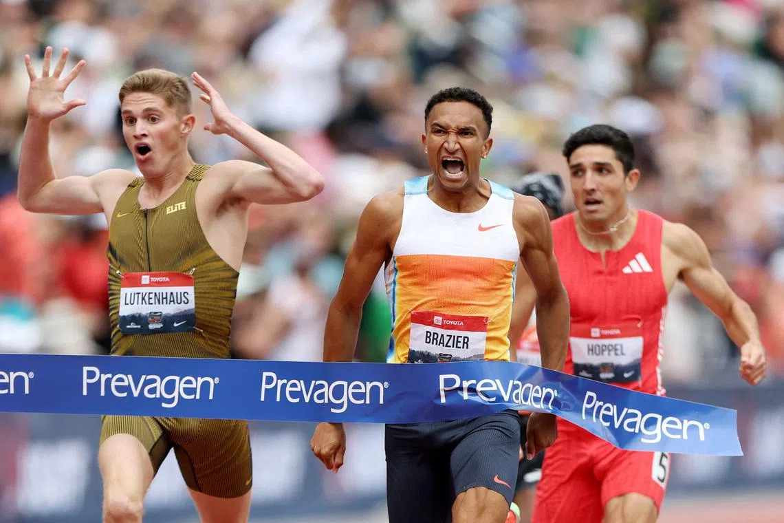 Donavan Brazier wins the 800m final ahead of Cooper Lutkenhaus, who broke the U-18 world record, and Bryce Hoppel in the USATF Outdoor Championships at Hayward Field on Aug 3, 2025 in Eugene, Oregon.