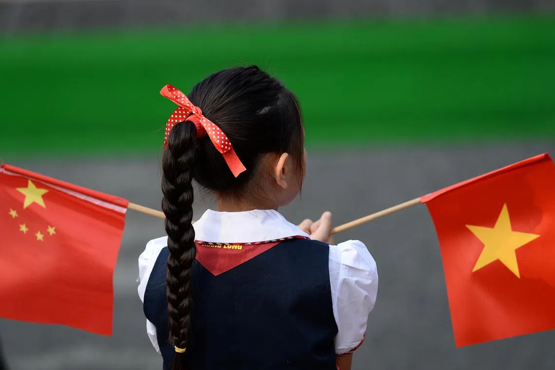 A Vietnamese pupil holds Vietnamese and Chinese flags before the welcoming ceremony at the Presidential Palace in Hanoi, Vietnam November 12, 2017. REUTERS/Hoang Dinh Nam/Pool/File Photo
