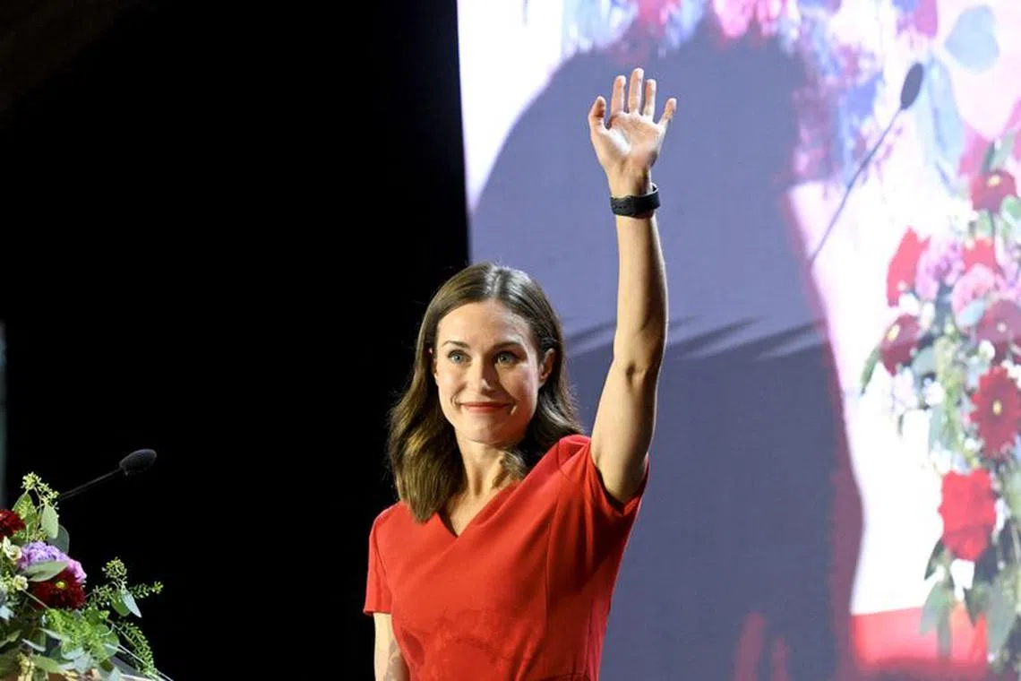 Finland's Social Democrats Party Chair, former Prime Minister of Finland Sanna Marin waves from the stage before her resignation speech at the Party Congress of the Socialdemocrats of Finland in Jyvaskyla, Finland, September 1, 2023. Lehtikuva/Markku Ulander via REUTERS