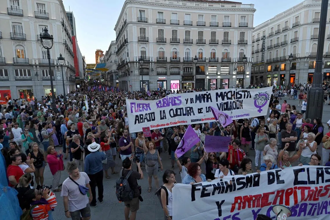 Protestors hold a sign reading "Rubiales and macho mafia out" during a demonstration called by feminist associations in support of Spain midfielder Jenni Hermoso.