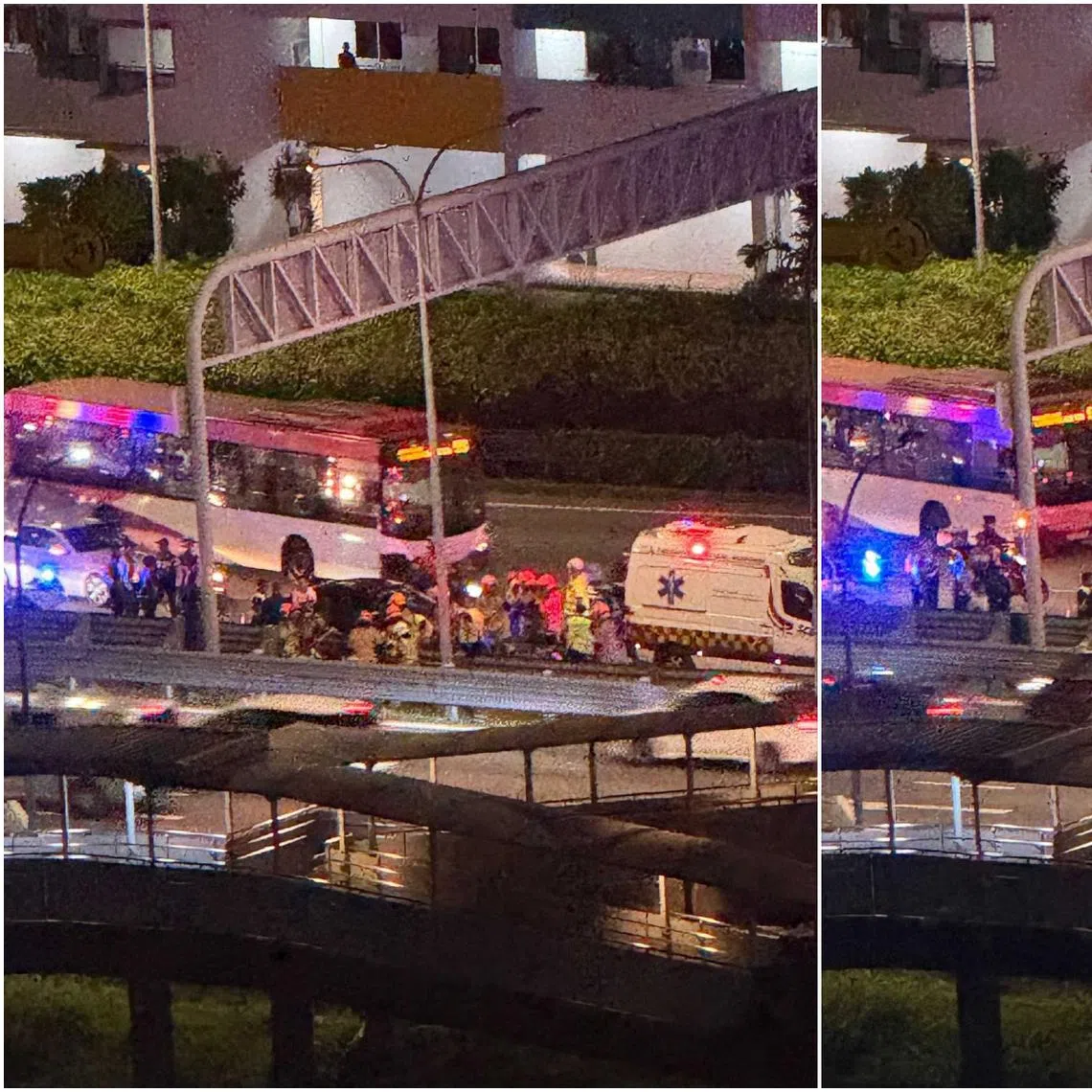 Photos of the accident’s aftermath show at least one police car, one ambulance, and another emergency vehicle at the scene. 