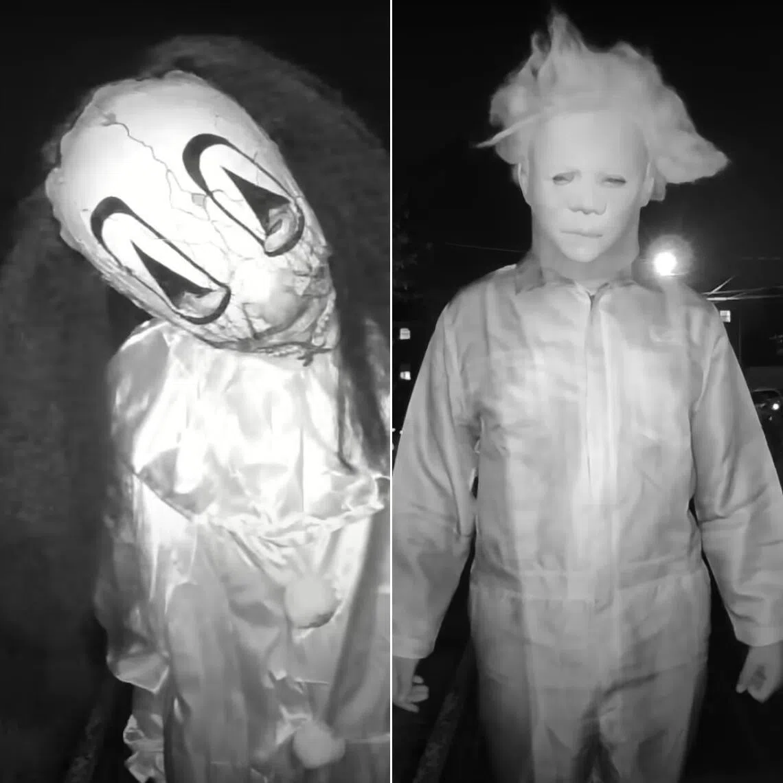 A surveillance camera caught the trio threatening the family at the home's porch and damaging their property.