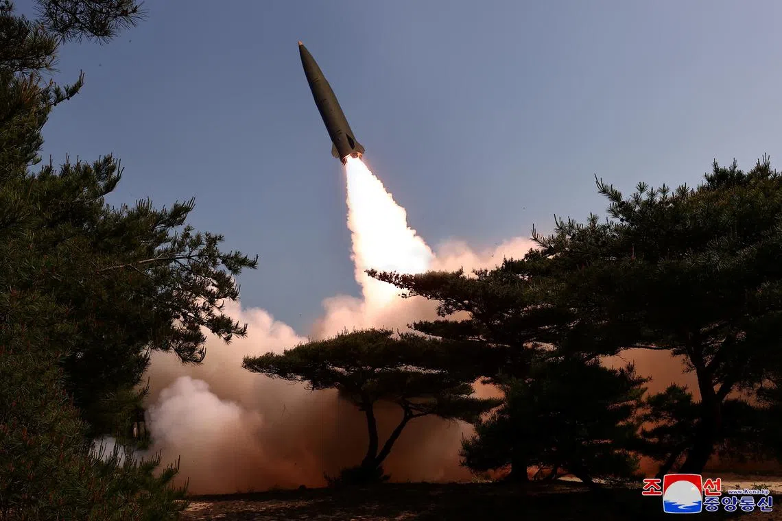 FILE PHOTO: A missile is launched, as North Korea conducted a test firing of a tactical ballistic missile on Friday, state media KCNA said on Saturday, at an unknown location in North Korea, in a handout picture obtained by Reuters on May 18, 2024. KCNA via REUTERS/File photo