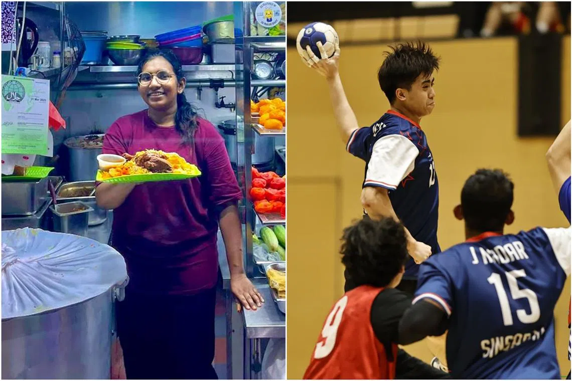 NTU freshmen Nishaa C (left) and Edwin Chew were selected after going through aptitude-based admission. Ms Nishaa used to work daily at her father’s hawker stall to help him while Mr Edwin is in the Singapore men’s national handball team.