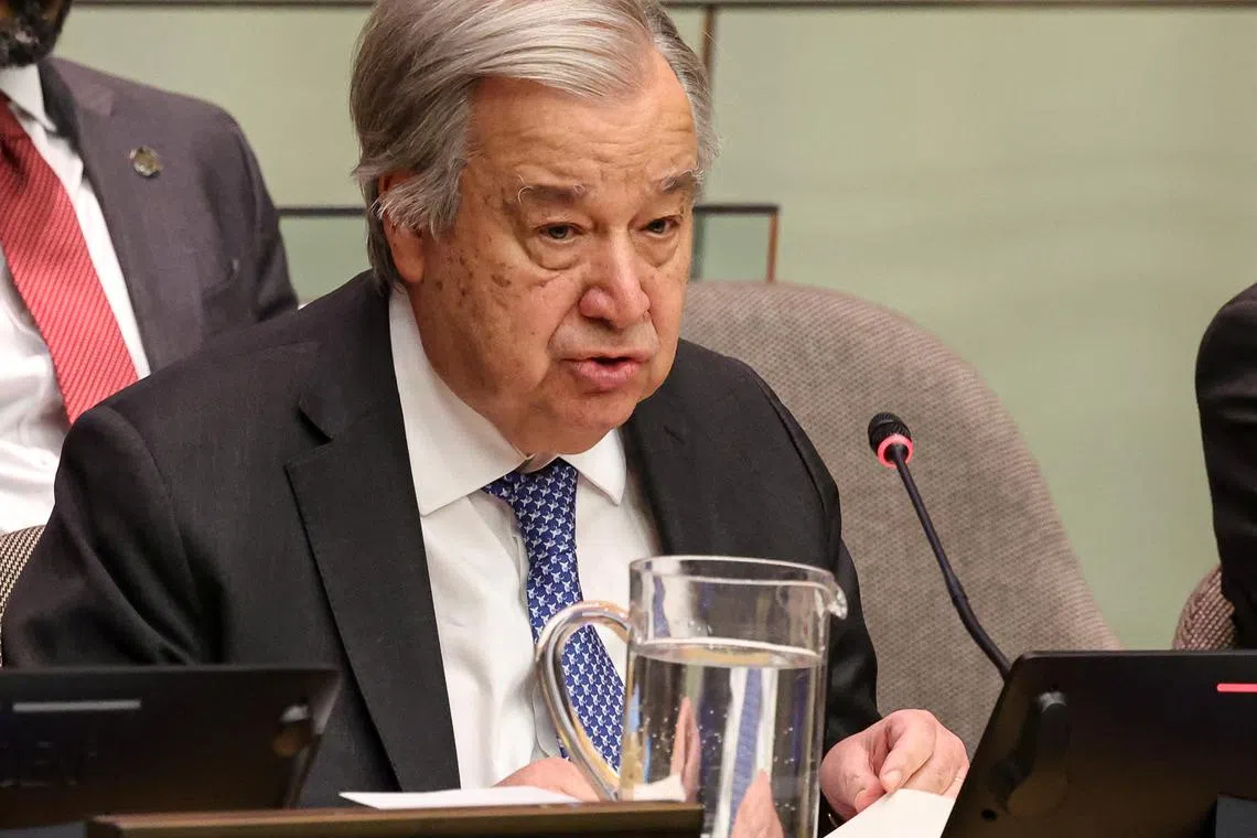 United Nations Secretary-General Antonio Guterres speaks to the Committee on the Exercise of the Inalienable Rights of the Palestinian People at U.N. headquarters in New York City, U.S., February 5, 2025.  REUTERS/Brendan McDermid/ File Photo