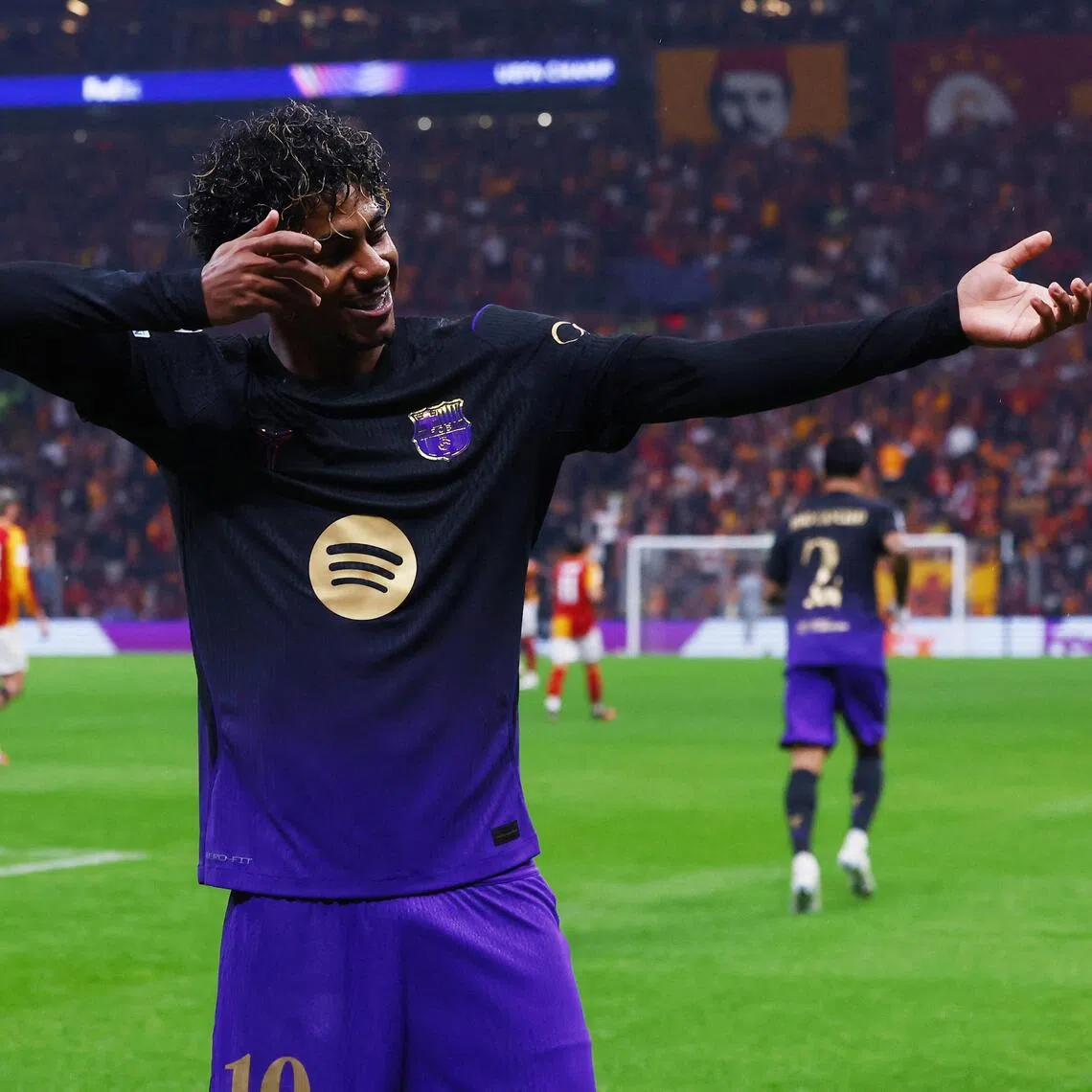 Lamine Yamal celebrates Barcelona’s third goal in the Champions League’s match against Galatasaray on Oct 13.
