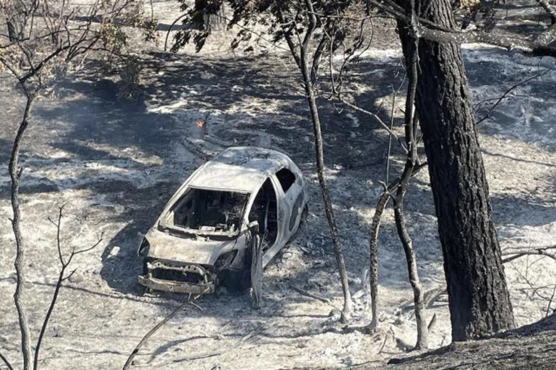 A burnt Toyota Yaris in the gully, where it sparked one of California’s largest-ever wildfires.
