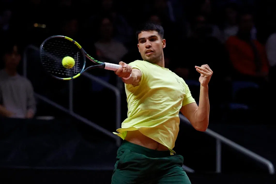 Tennis - Hyundai Card Super Match - Carlos Alcaraz v Jannik Sinner - Inspire Arena, Incheon, South Korea - January 10, 2026 Spain's Carlos Alcaraz in action during his Hyundai Card Super Match against Italy's Jannik Sinner REUTERS/Kim Soo-Hyeon