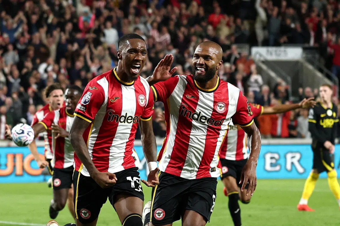 Brentford’s Jaidon Anthony (left) celebrates scoring their first goal against Chelsea in Sept 18’s Premier League match with Igor Thiago. Goals from Jaidon Anthony, Igor Thiago and Fabio Carvalho took unbeaten Brentford above their west London neighbours and up to third in the table.
