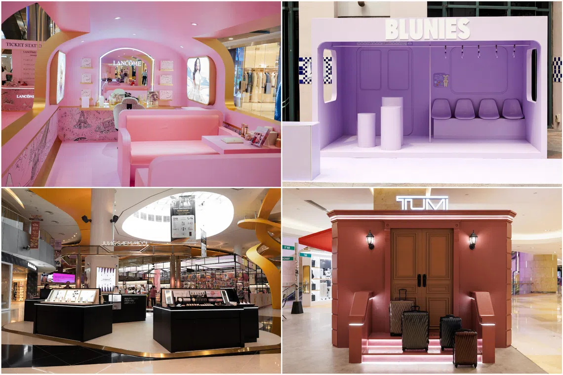 (Clockwise from top left) Lancome Holiday Express, Blunies Express pop-up, Tumi's FW25 pop-up and Jungsaemmool's VivoCity boutique.